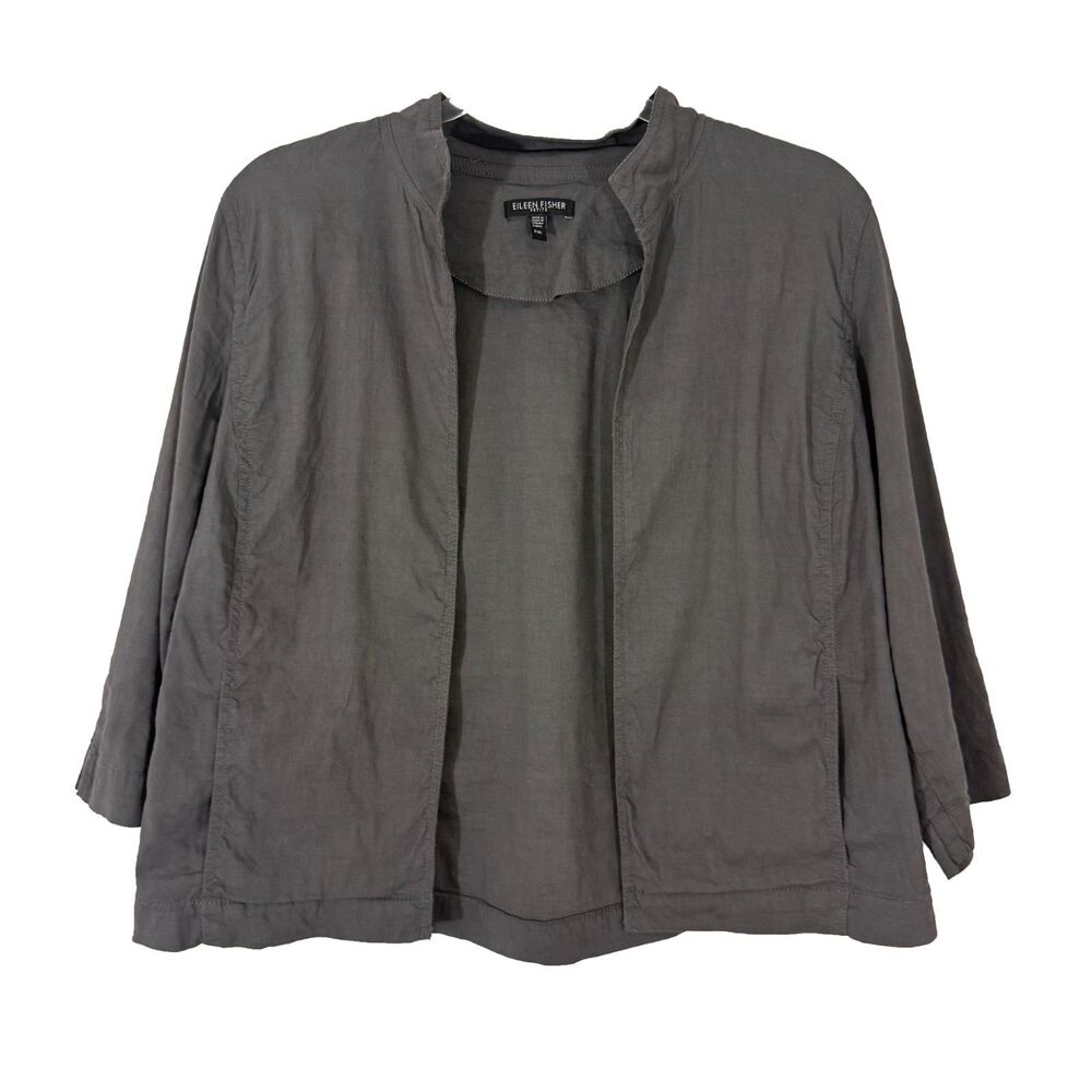 EILEEN FISHER Linen Viscose Stretch Open Blazer Jacket PM Gray Pockets EUC B25